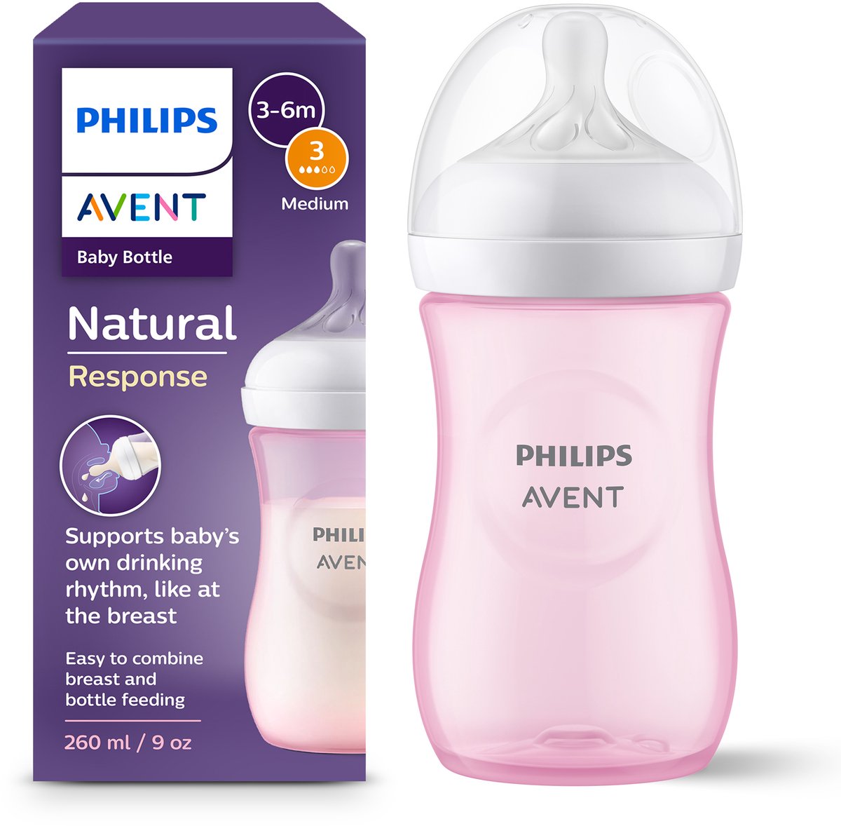 Goedkoopste Philips Avent Natural Response Babyfles 260 ml – Flow 3 – Roze-1 fles - SCY903/11