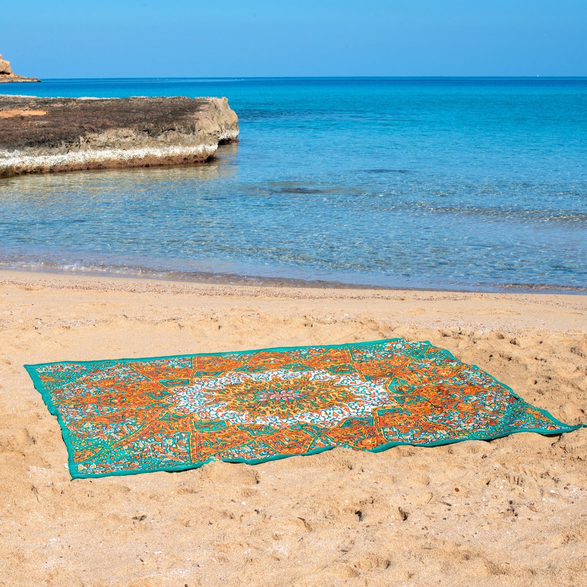 Bohemida - XXL Groot Vakantie Strandlaken -tweepersoons 220x235cm Ibiza Strandkleed - 100% Katoen - Tropcial Star ( Groen , Wit, Oranje)- Sneldrogende Strandlakens
