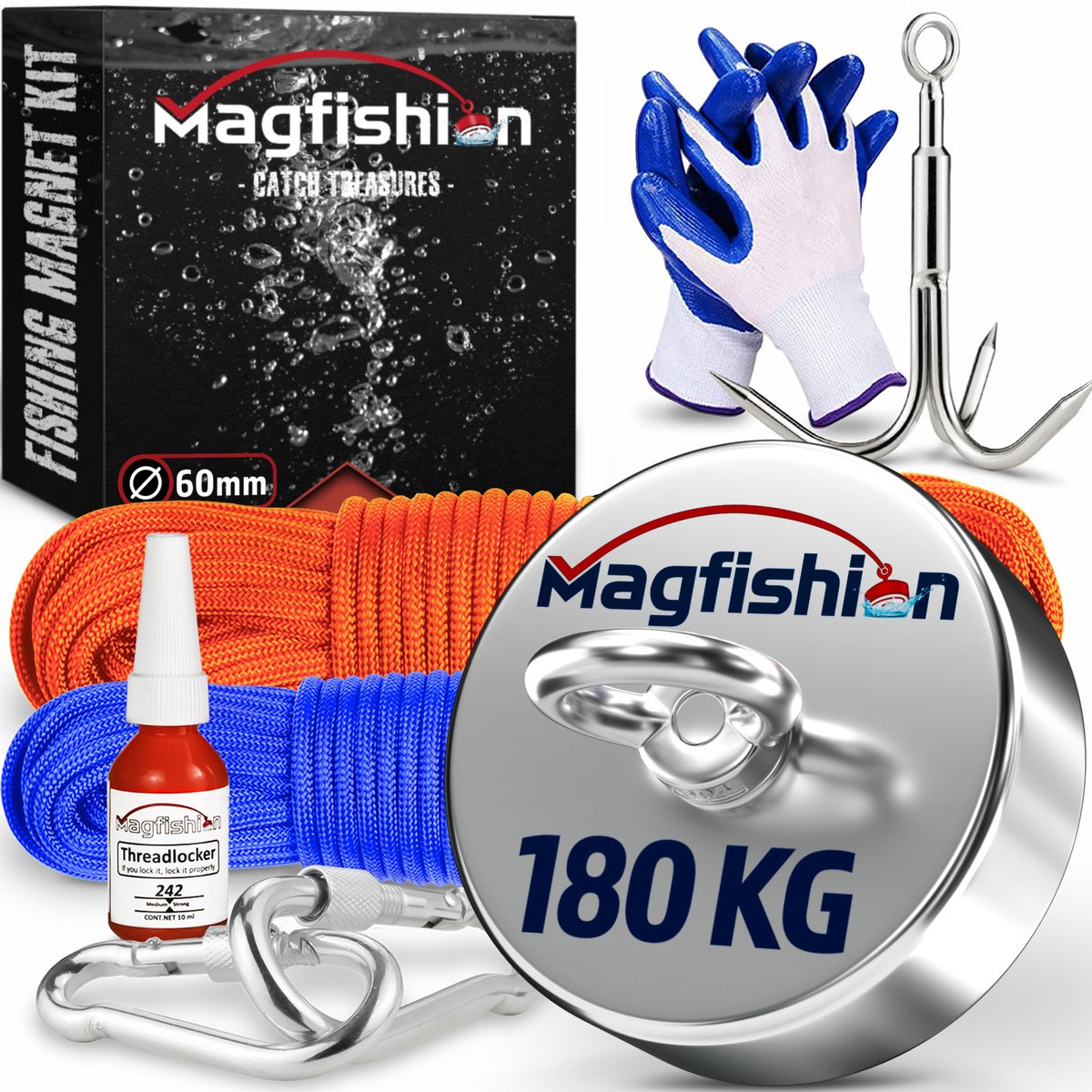 Magfishion Magneetvissen Mega Set 180 KG - Vismagneet - 2x Touw + Karabijnhaak met Schroefsluiting - Dreghaak - Handschoenen - Borgmiddel - Magneet Vissen - Outdoor - Magneetvissen Kinderen
