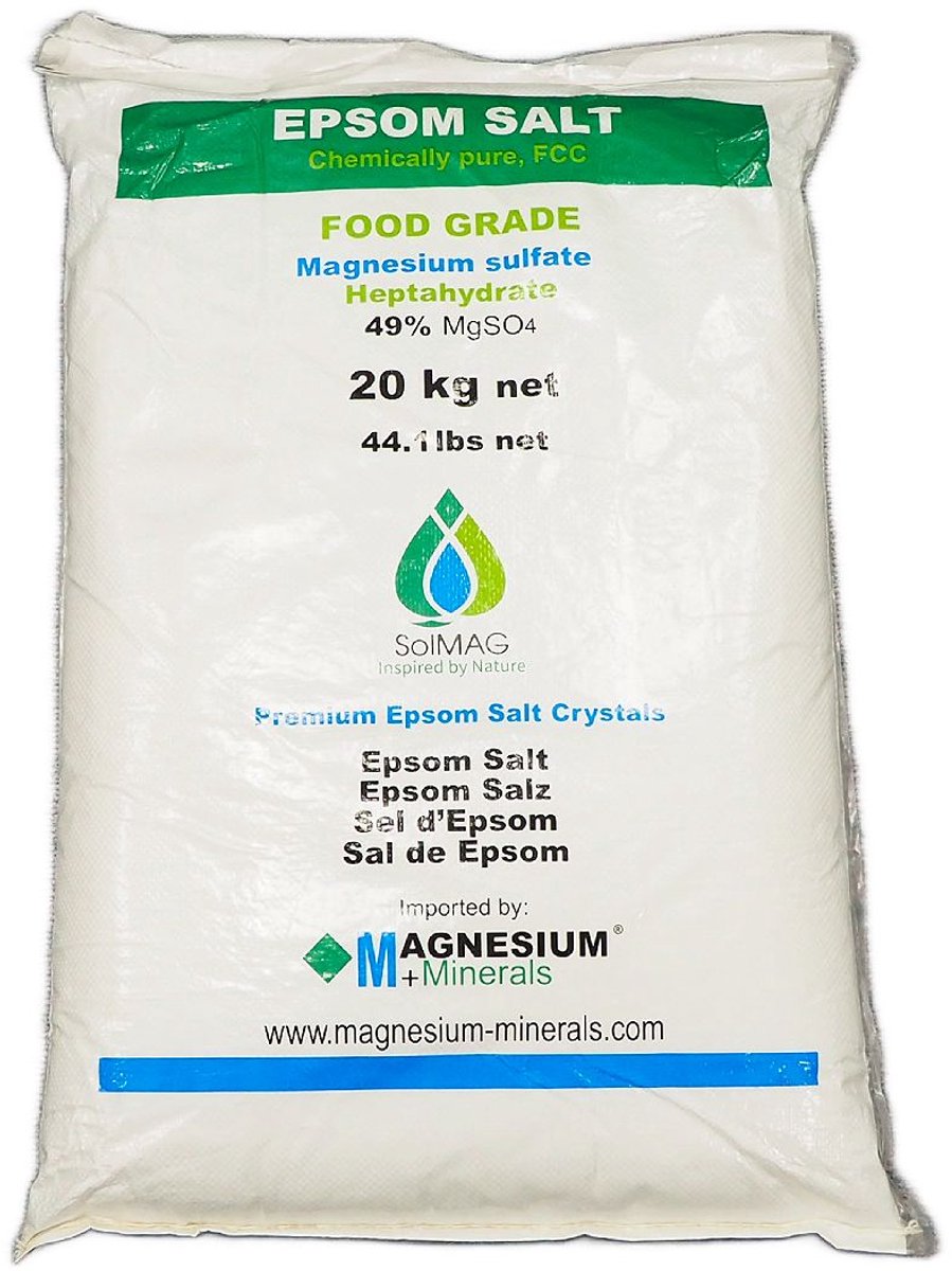 Epsom zout – 20 KG – Badzout - voor Voetbad - Magnesiumsulfaat 49% FCC Food Grade Kwaliteit van SoLMAG - 1-3 mm korrelgrootte - Bitterzout - Magnesium Sulfate - Epsomzout - Epsom Salt - Sal de Epsom – Epsom zoutbad – Voetenbad