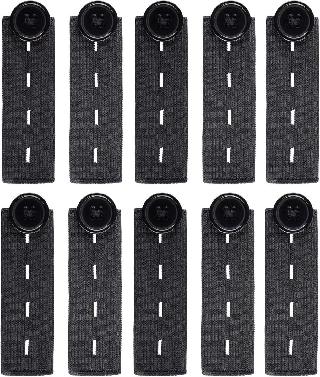Verstelbare elastische tailleverlengers - verlenging met knopen - Zwart 25 cm - 10 stuks