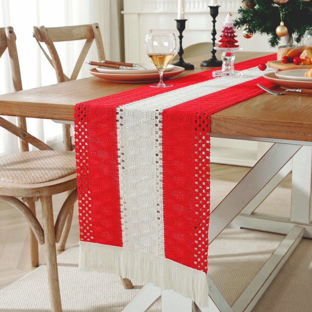 Artoid Mode Beige boerderij geweven rustieke Boheemse tafelloper 30x303 cm, holle seizoensgebonden vakantie keuken eettafel decoratie voor thuis feest decoratie
