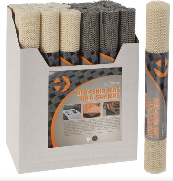 Doos met opgerolde beige en grijze antislipmatten. Eén opgerolde mat van elke kleur is ernaast geplaatst.