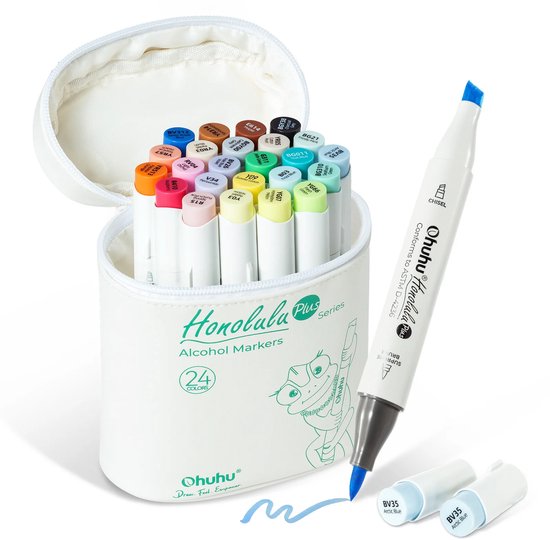 Ohuhu Honolulu Plus Alcohol markers Supreme Rubber Brush & chisel – 24 kleuren