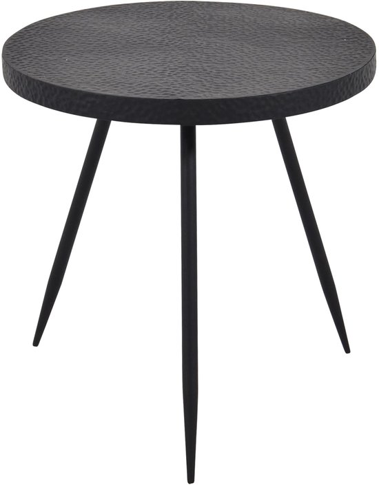 Zwarte ronde bijzettafel met een geprofileerd tafelblad en drie slanke zwarte poten.