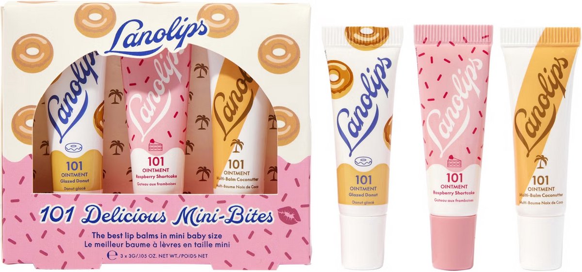 Lanolips 101 Delicious Mini Bites – Set van 3 Mini Multibalm Lippenbalsems – 3 x 3g – Natuurlijke Glans & Intens Hydraterend
