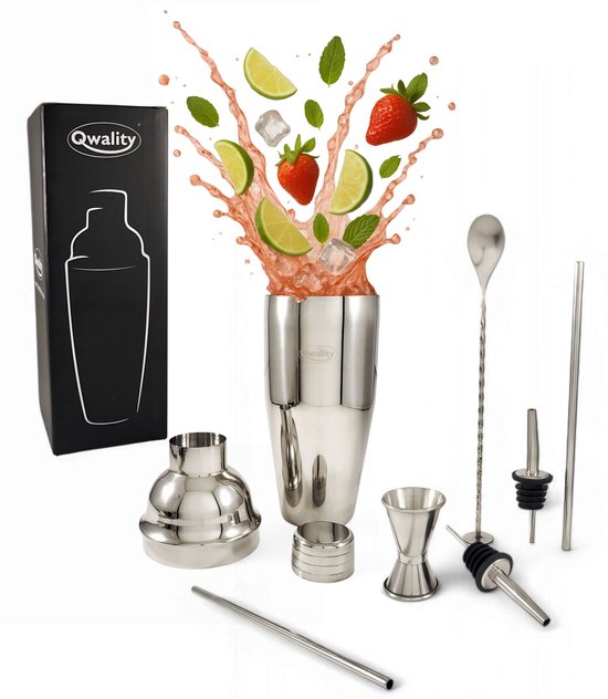 Ensemble de shakers à cocktails avec des fruits jaillissant du shaker. Comprend un shaker, un jigger, une passoire, une cuillère, des becs verseurs, des pailles et une boîte.