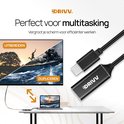 DRIVV. USB-C naar HDMI adapter toont uitbreiden en dupliceren van schermen, ideaal voor multitasking.