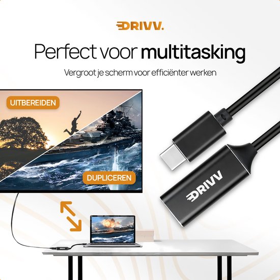DRIVV. USB-C naar HDMI adapter toont uitbreiden en dupliceren van schermen, ideaal voor multitasking.