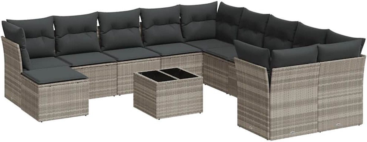 The Living Store 12-delige Loungeset met kussens poly rattan lichtgrijs - Loungebank - Tuinlounge - Lounge Set - Buitendiner - Ratten Meubel