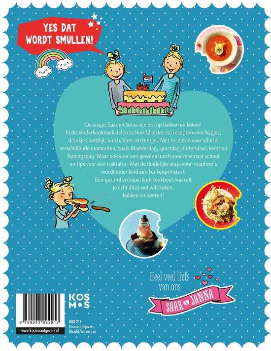 Achterkant kookboek met twee meisjes bij een taart, tekst "YES DAT WORDT SMULLEN!". Toont ook recepten en illustraties van gerechten.