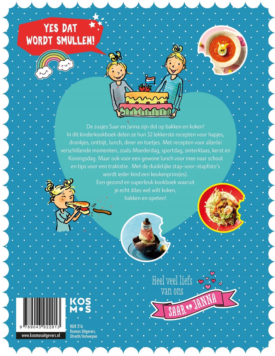 Achterkant kookboek met twee meisjes bij een taart, tekst "YES DAT WORDT SMULLEN!". Toont ook recepten en illustraties van gerechten.