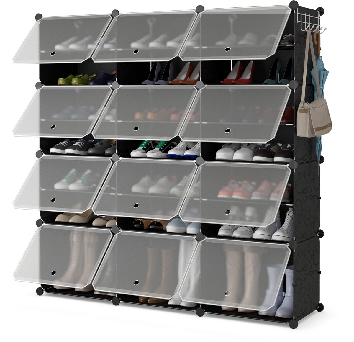 COSTWAY Schoenenrek met 12 vakken, schoenenkast van kunststof voor 48 paar schoenen en laarzen, doe-het-zelf schoenenorganizer met zijhaken, schoenenstandaard voor ingang, hal, zwart