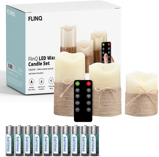 FlinQ LED Kaarsen met Bewegende Vlam en Touw - Inclusief Batterijen en Afstandsbediening met Timer en Dimfunctie - Nep Kaarsen met Flikkerende Vlam - Dinerkaarsen - 3 stuks