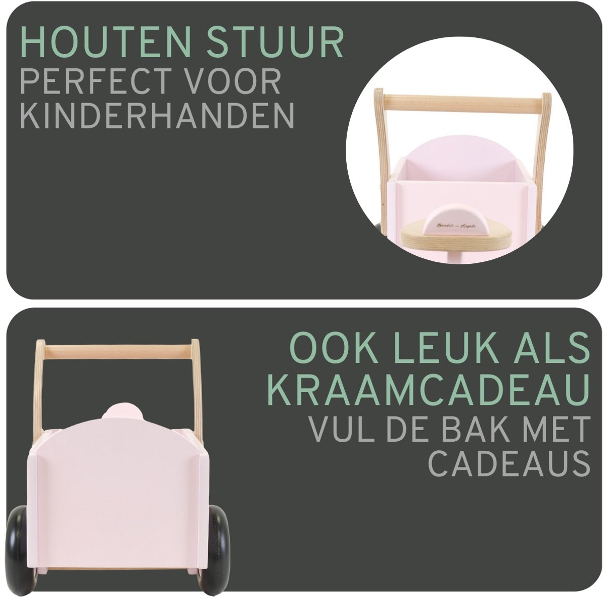 Bandits & Angels Bakfiets Loopfiets Hout Little Rider Retro Pink vanaf 1 jaar - Voor Meisjes - Ride-On Houten Bakfiets - Houten Loop Fiets Roze - Geluidsarme Wielen - Kraamcadeau — afbeelding 8