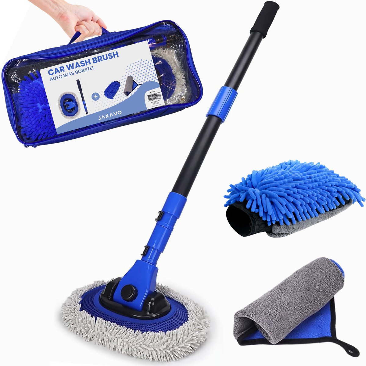 Goedkoopste Autowasborstel - Telescopische wasborstel - Incl. Washandschoen en Poetsdoek - Uitschuifbaar tot 110 cm - Universeel