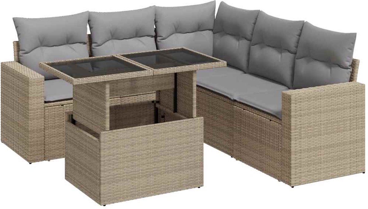 The Living Store 6-delige Loungeset met kussens poly rattan beige - Loungebank - Lounge Set - Buitendecoratie - Tuinmeubel - Tuinbank