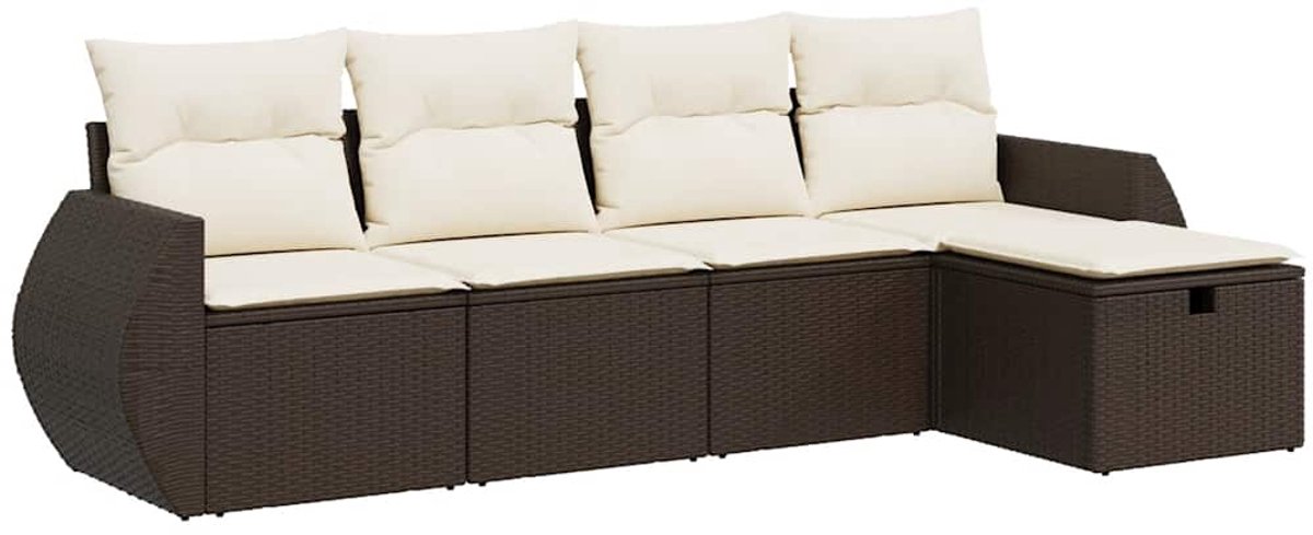 The Living Store 5-delige Loungeset met kussens poly rattan bruin - Loungebank - Lounge Set - Buisensetuintuin - Tuinmeubelen - Outdoor Furniture