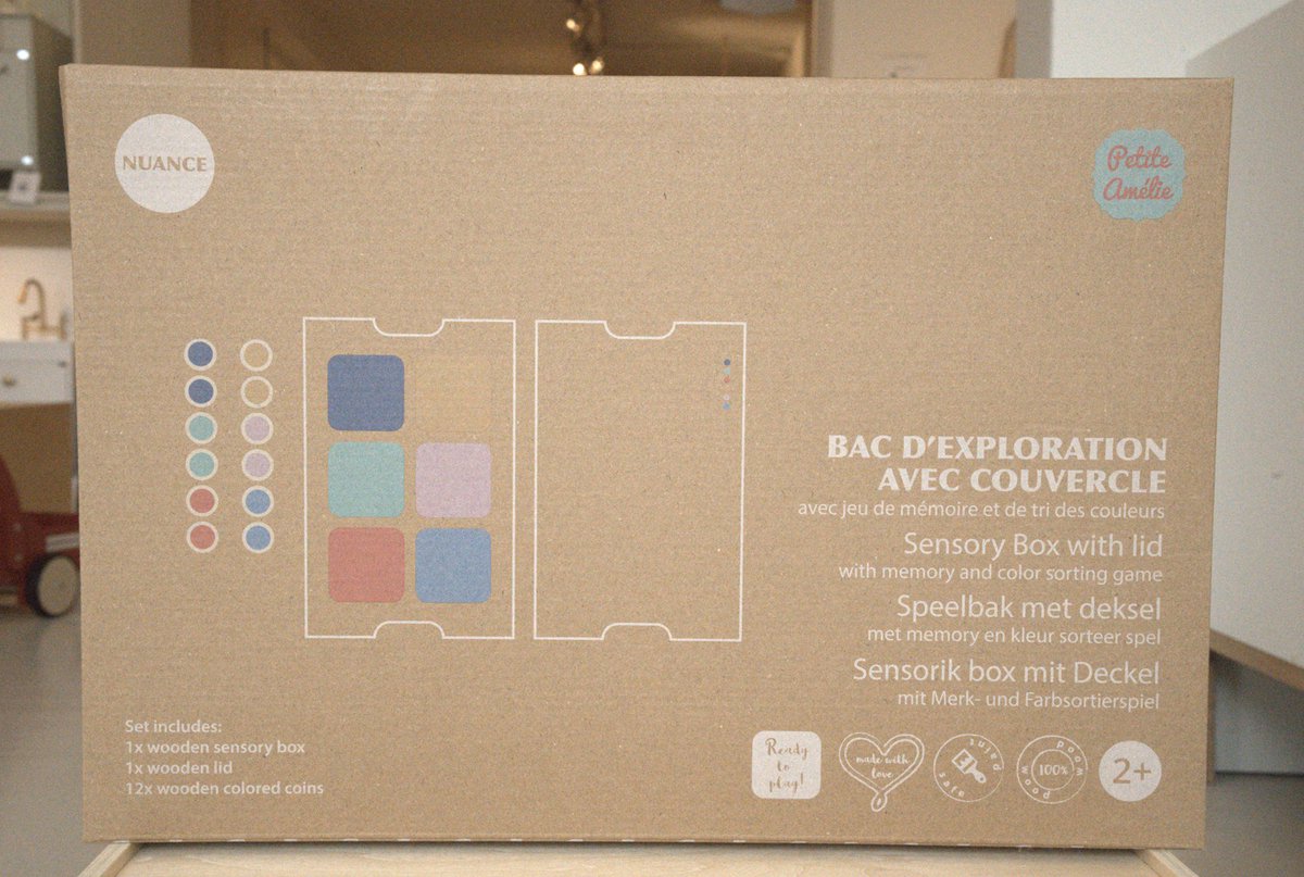 Petite Amélie Houten Sensorisch Speelbak - Met Deksel - Incl. Geheugen en Kleursorteerspel met 12 Gekleurde Houten Schijven – Meerkleurig — afbeelding 9