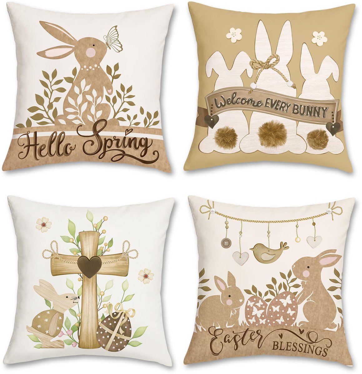Unyqoos ® Set van 4 Decoratieve Kussenhoezen met Lente Thema en Haasmotief voor Woondecoratie bruin