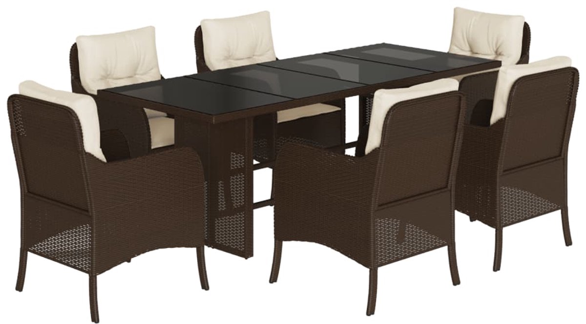 The Living Store 7-delige Tuinset met kussens poly rattan bruin - Tuinset - Buitendecoratie - Lounge Set - Eetkamerset - Patio Furniture