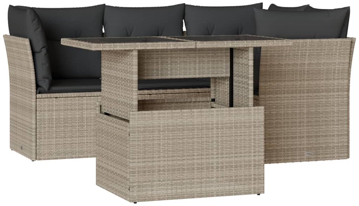 The Living Store 5-delige Loungeset met kussens poly rattan lichtgrijs - Tuin Lounge Set - Loungebank - Buitendecoratie - Buitenkamer - Relaxstoel