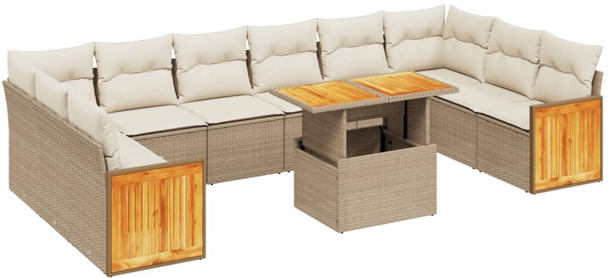 The Living Store 11-delige poly rattan tuinset in beige met kussens.
