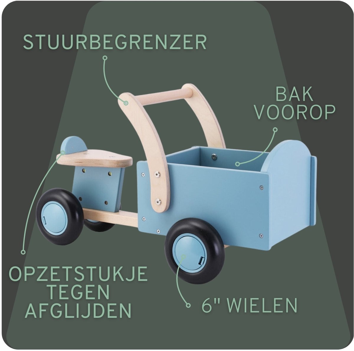 Bandits & Angels Bakfiets Loopfiets Hout Little Rider Retro Blue vanaf 1 jaar - Voor Jongens - Ride-On Houten Bakfiets - Houten Loop Fiets Blauw - Geluidsarme Wielen - Kraamcadeau — afbeelding 6