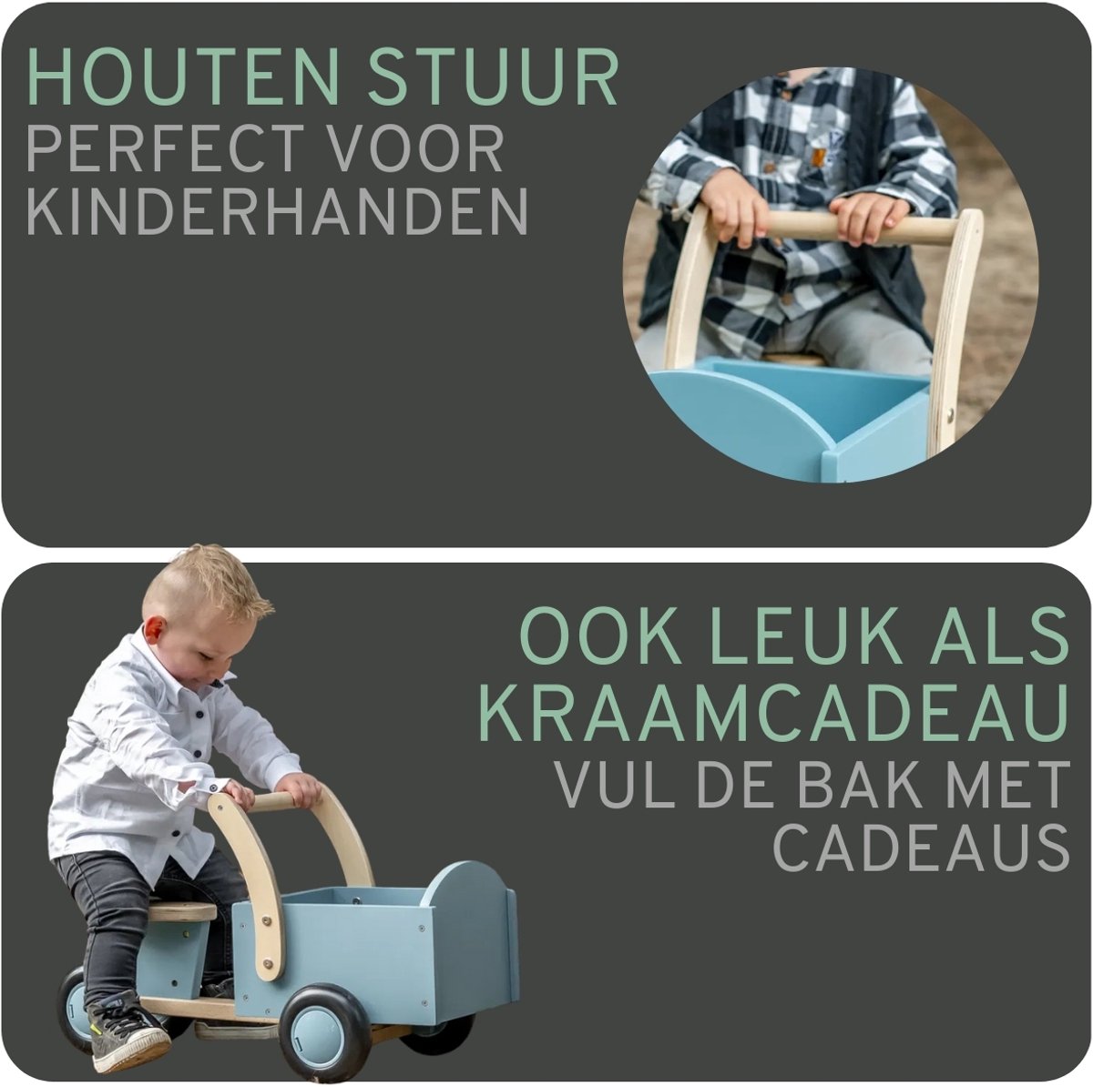 Bandits & Angels Bakfiets Loopfiets Hout Little Rider Retro Blue vanaf 1 jaar - Voor Jongens - Ride-On Houten Bakfiets - Houten Loop Fiets Blauw - Geluidsarme Wielen - Kraamcadeau — afbeelding 2