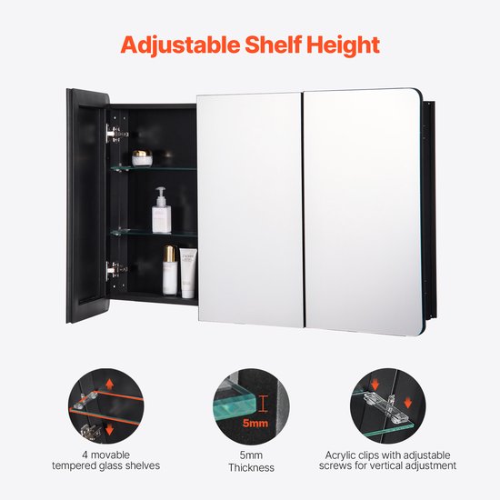 Armoire à pharmacie de salle de bain 25,5 x 40 pouces avec miroir, armoire murale avec cadre en aluminium, Planches réglables à 4 niveaux, options d'encastrement et de montage mural.