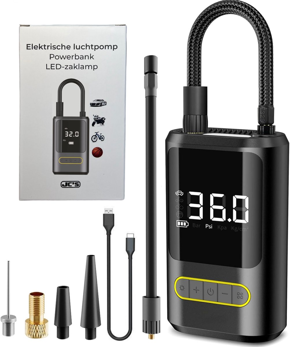 JC's® Elektrische bandenpomp – Elektrische fietspomp - POWERBANK - Scooter/Motor/Auto/Fiets - Autobanden Pomp - Luchtpomp – Bandenpomp - 4200 mAh – Tot wel 10.3 Bar – USB Oplaadbaar – Inclusief 4 Opzetstukken