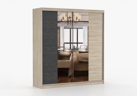 Armoire KALLAS Armoire à portes coulissantes 2 portes - 203x218x61 cm - Armoire à trois tiroirs, Portes coulissantes Chambre Salon Armoire avec étagères, Armoire avec miroir