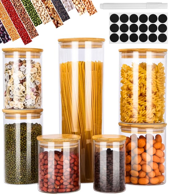 Bocaux de conservation en Verres , lot de 7, bocaux de conservation avec couvercle, bocaux de conservation, verre, pots à épices, hermétiques, avec étiquettes pour l'étiquetage, pour pâtes, cornflakes, céréales, haricots