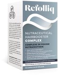 Refolliq Nutraceutical Hairbooster Complex doos en potje. Tekst benadrukt vollere, sterkere haren, ondersteunt haargroei en verzorgt haar, huid en nagels.