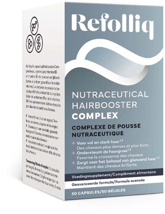 Refolliq Nutraceutical Hairbooster Complex doos en potje. Tekst benadrukt vollere, sterkere haren, ondersteunt haargroei en verzorgt haar, huid en nagels.