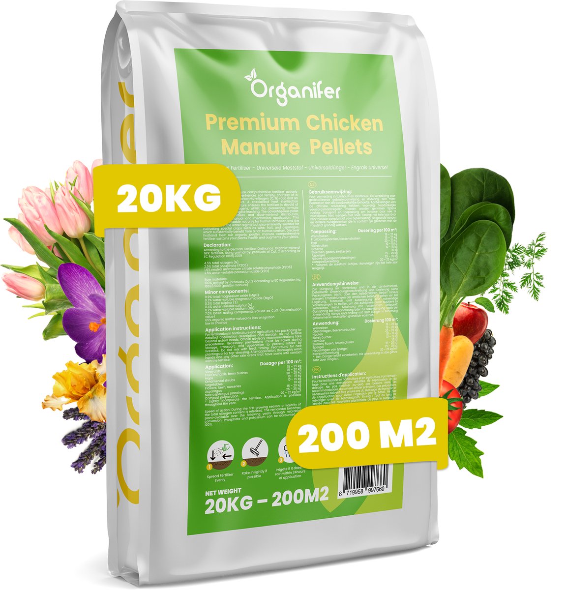 Premium Kippenmestkorrels (20kg, 200m2) - Kippenmest - Mest - Meststof - Meststoffen - Organische Meststof - Mestkorrels Tuin - NPK 4-3-3 - Rijk aan Kali en Fosfaat - Organifer