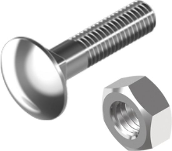 Zilverkleurige roestvrijstalen M12x80mm slotbout met bijpassende zeskantmoer.
