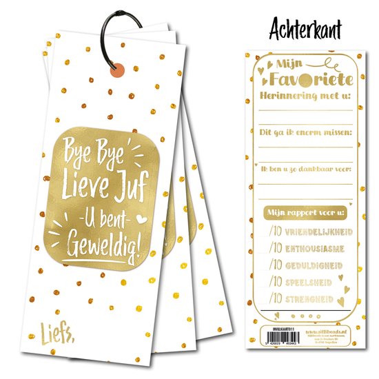 Invulkaart Bye Bye Juf - Invulkaarten set van 15 stuks - met sluitring - invulkaartjes om af te geven - Goud