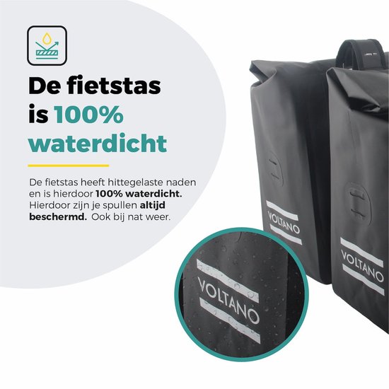 Voltano Dubbele Rolltop Fietstas Volledig Voorgevormd - 50 Liter - Zwart - 100% Waterdicht - Fietstassen Electrische Fietsen