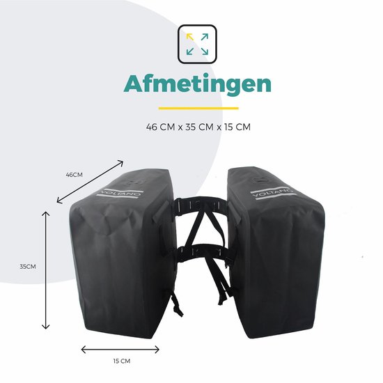Voltano Dubbele Rolltop Fietstas Volledig Voorgevormd - 50 Liter - Zwart - 100% Waterdicht - Fietstassen Electrische Fietsen