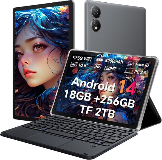 Oscal Pad 80 WiFi Tablet 10.51" FHD - 1200x1920 - Android 14 - 2.4G+5G WiFi 5 - RAM 18 GB - ROM 256 GB - 8200mAh - Met Toetsenbord(QWERTY) - Grijs