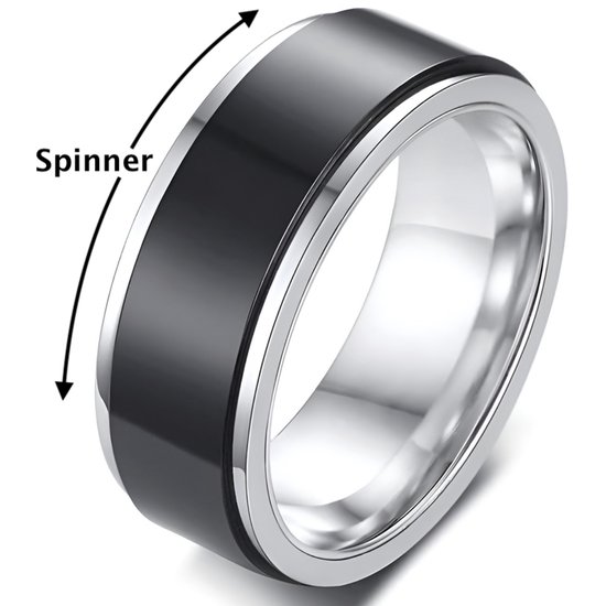 Fidget Ring Zwart / Zilver kleurig - Anxiety Ring - Fidget Toy Om Je Vinger! - Staal - Ringen Heren Dames - Vaderdag Cadeau Geschenk - Mannen Cadeautjes Accesoires