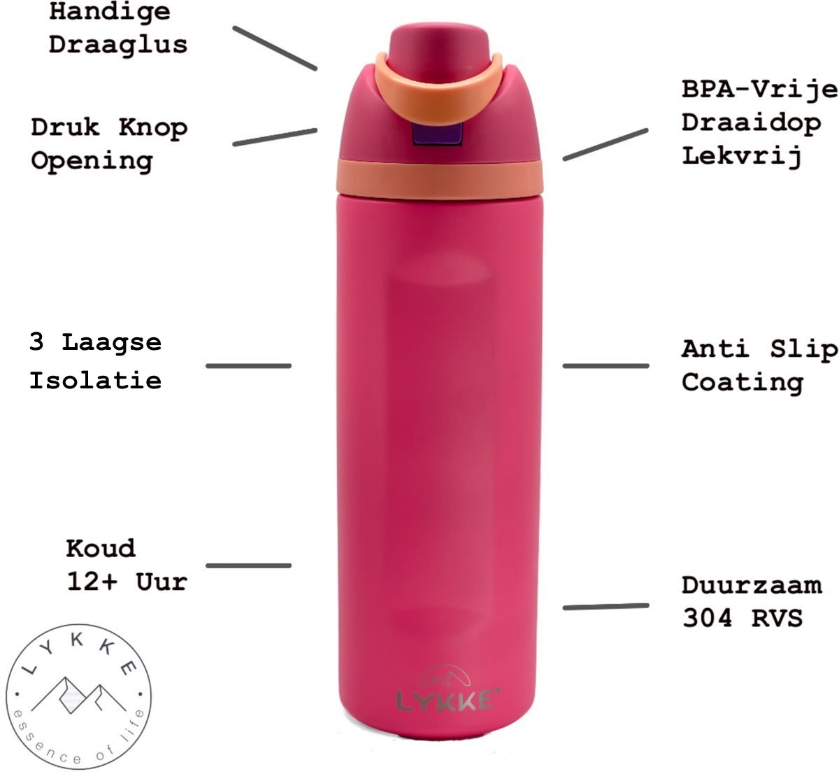 LYKKE® Freesip 3 Laagse Lekvrij Geïsoleerde RVS-fles met rietje voor sport, reizen en school BPA-vrije sportwaterfles, 20 oz, 570 ML, Roze (Flamingo Pink) thumbnail 3