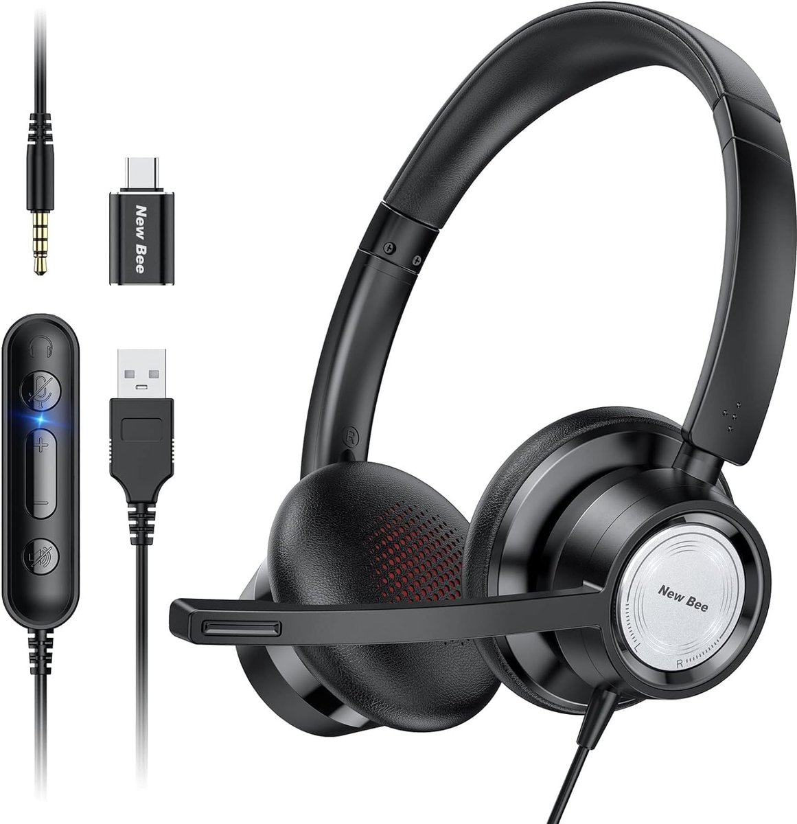 Hoofdtelefoon met microfoon, USB Type C & 3,5 mm, verstelbare ruisonderdrukking voor zakelijke gesprekken en online cursussen