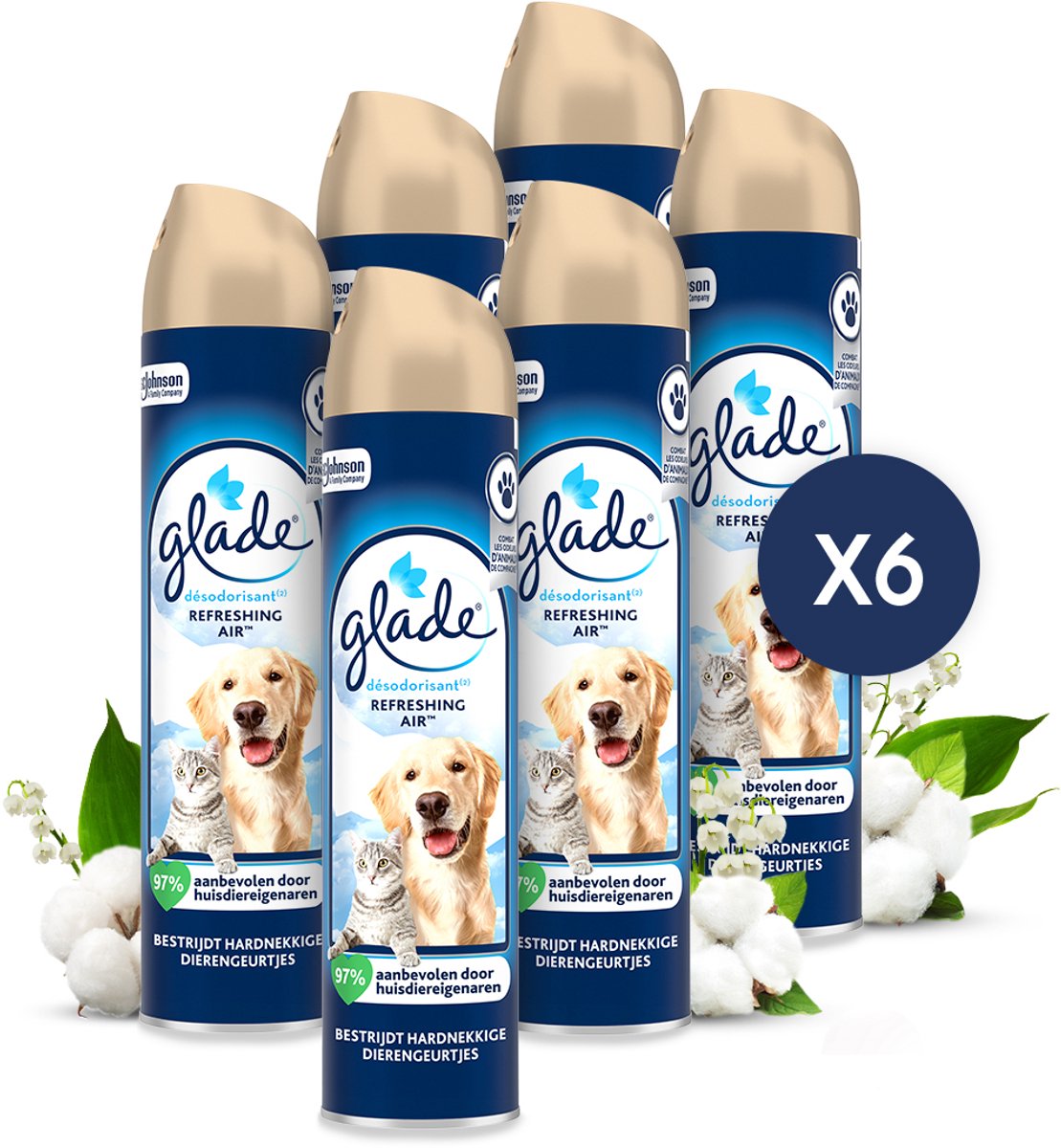 Goedkoopste Glade Luchtverfrisser Spray - Refreshing Air - Tegen Huisdierengeurtjes - 6 x 300ml