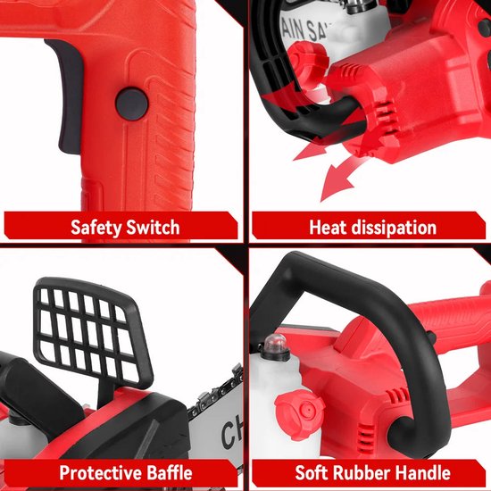 Elektrische Kettingzaag - met Accu - Snoeischaar - Handbediend- 12 Inch - 6600W - 20000RPM - Draadloos - Borstelloos - Snijden - Compatibel met 18V Accu - voor Tuinonderhoud - Renovatie - 2 Batterij van Merkloos	 — afbeelding 5