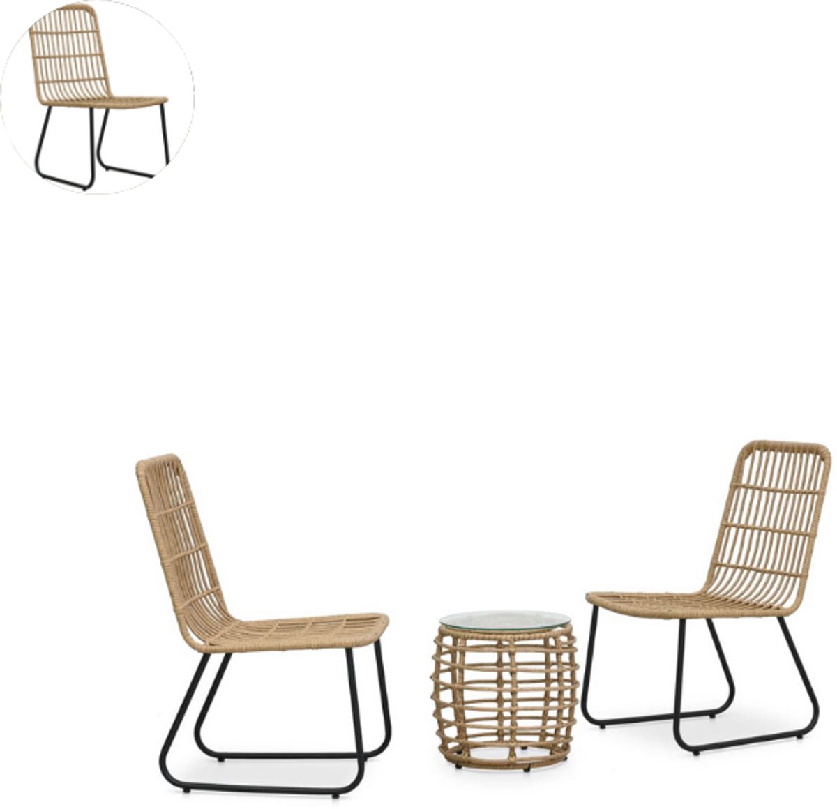Balkonset 2 personen - Tuinset - Bistroset - Eiken - Weerbestendig - 3 delig - Tuintafel en 2 stoelen - 2 personen - Poly rattan
