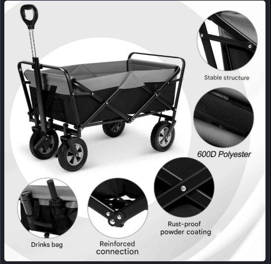 Tuinwagen - Tuinkar - Bolder - Transport - Strand - Boodschappen - Heavy-duty - Plat- en - Hekwerkontwerp - Voor Tuin - Erf - en Magazijn - Ergonomische Handgreep - 100L - 360° Draaibare Wielen - Draagvermogen 80kg - Zwart en Grijs — afbeelding 5