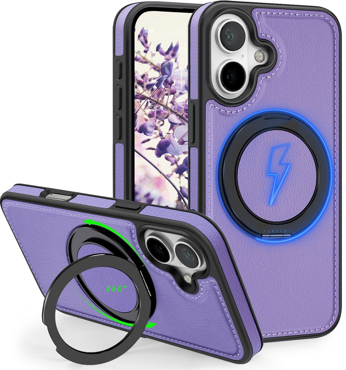 Perfeqt hoesje geschikt voor iPhone 16 Plus leren BackCover met 360° Kickstand & Keyring houder - Soft Lavender