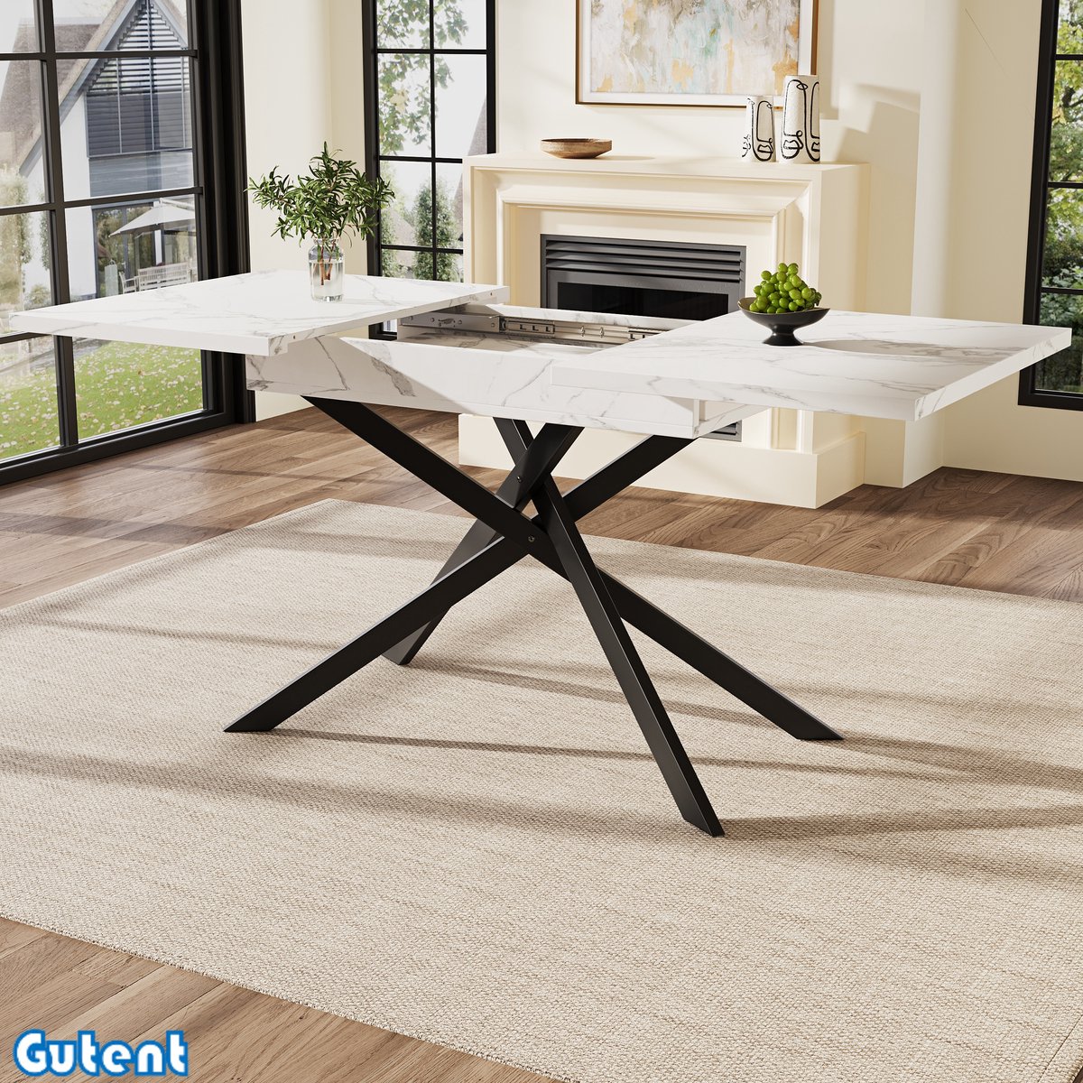 Gutent Uitschuifbare eettafel (120-160 cm)-Ruimtebesparend-Zwart gekruiste ijzeren poten-Wit tafelblad-MDF materiaal